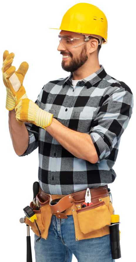 A man wearing a hard hat and gloves is clapping his hands.