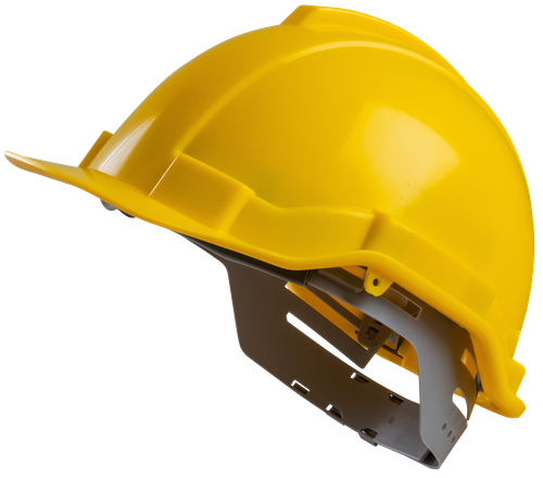 A yellow hard hat on a white background