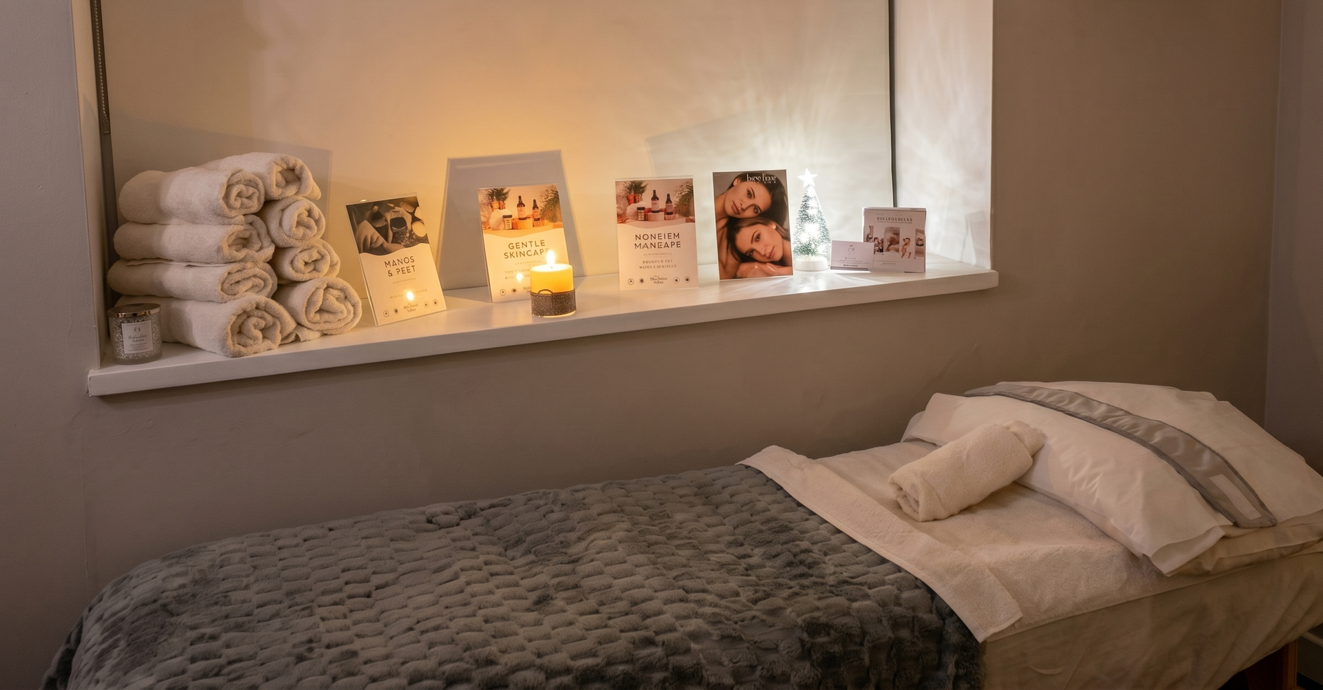 Cozy bedroom with a neatly made bed, soft lamp light, and photos on the windowsill