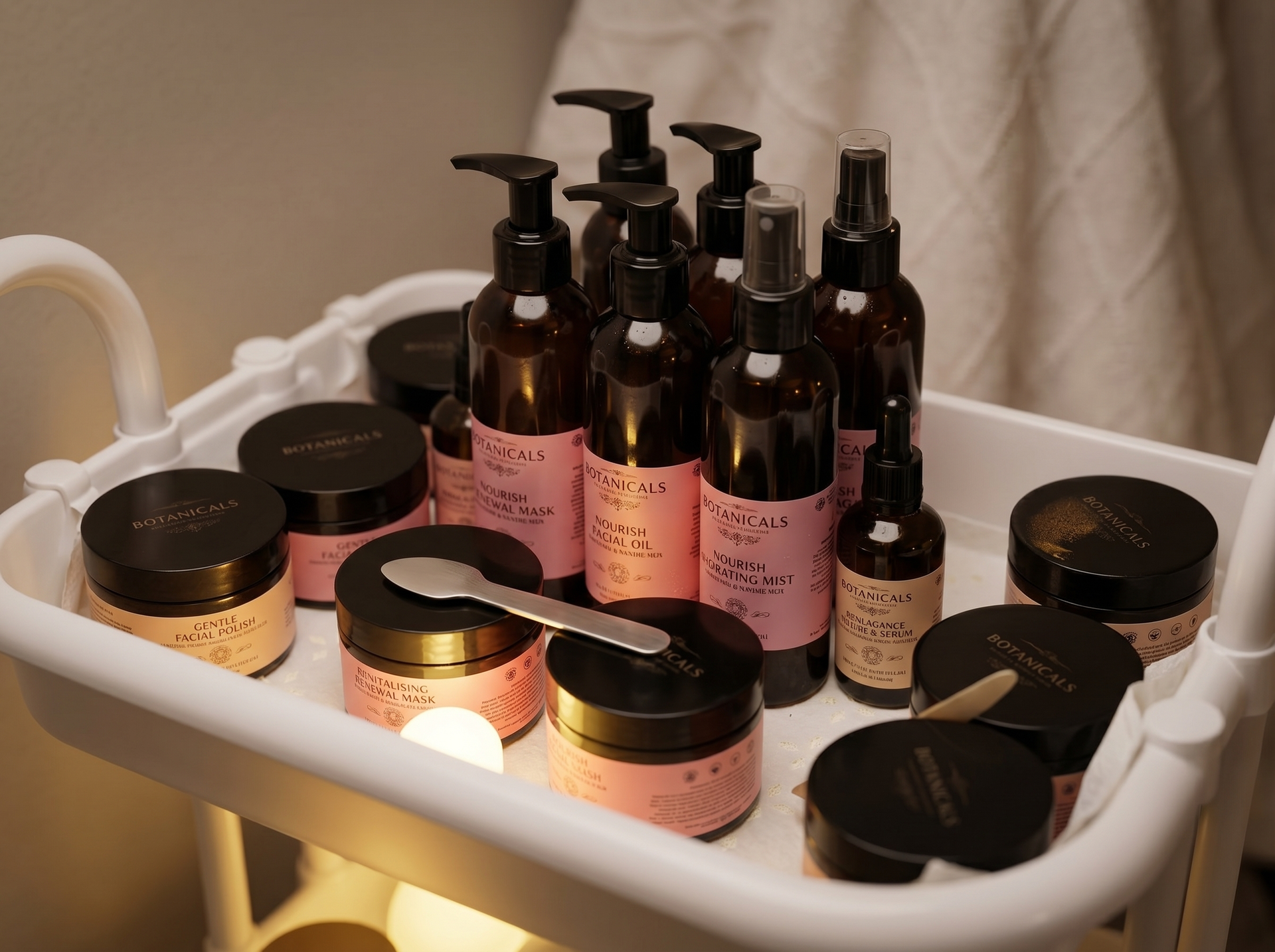 Assorted beauty products in black and pink jars and pump bottles on a white tray.