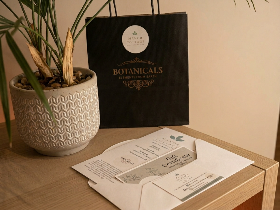Potted plant beside a black gift bag and folded cards on a wooden table