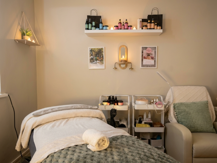 Cozy spa room with massage table, armchair, shelves, and warm ambient lighting