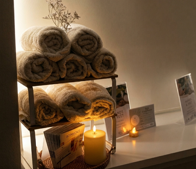 Rolled towels on a shelf beside a lit candle and small cards, with warm ambient lighting.
