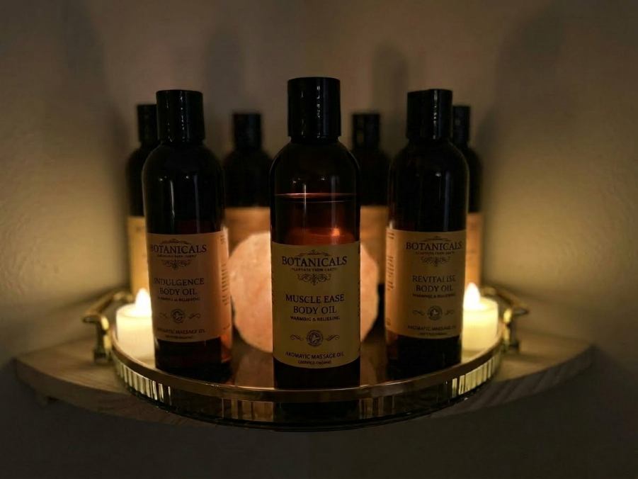 Three amber bottles with black caps on a lit tray, arranged symmetrically in a dim room.