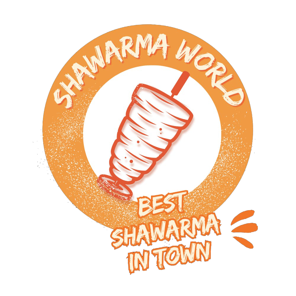 A logo for shawarma world that says best shawarma in town