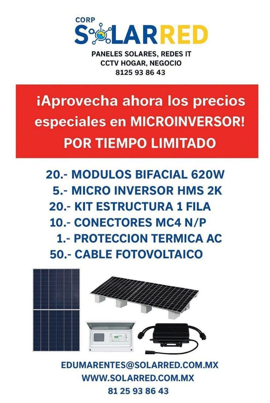 Folleto promocional de Corp Solarred, que ofrece equipos para paneles solares, incluidos microinversores y módulos bifaciales.