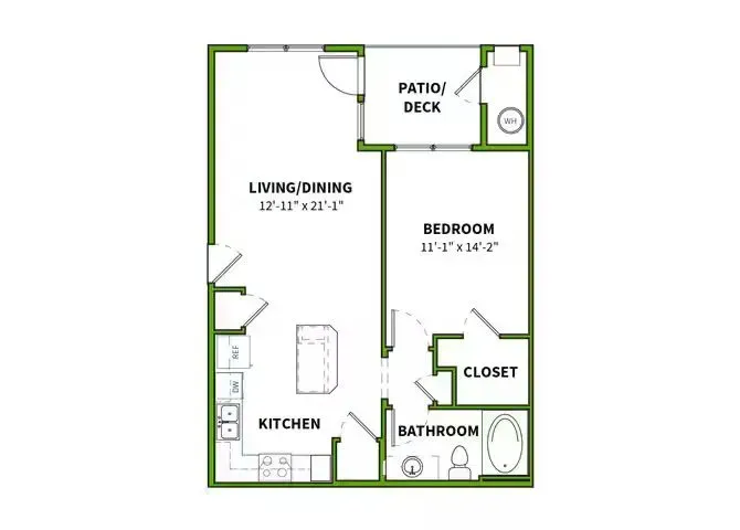 Floor plan: One-bedroom apartment layout, showing living/dining, kitchen, bedroom, bath, patio/deck, and closet.