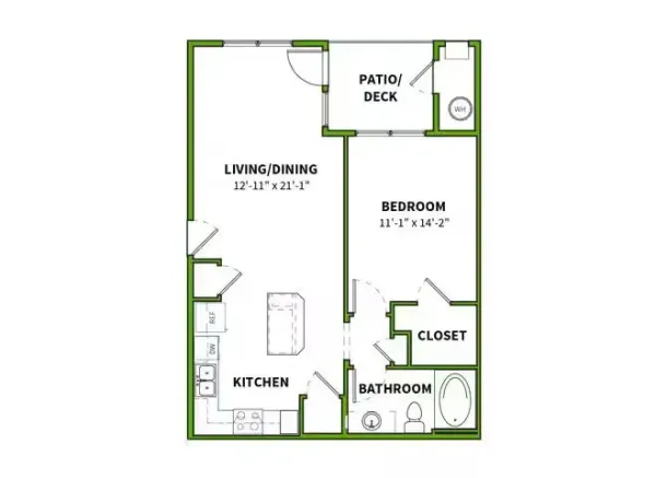 Floor plan: One-bedroom apartment layout, showing living/dining, kitchen, bedroom, bath, patio/deck, and closet.