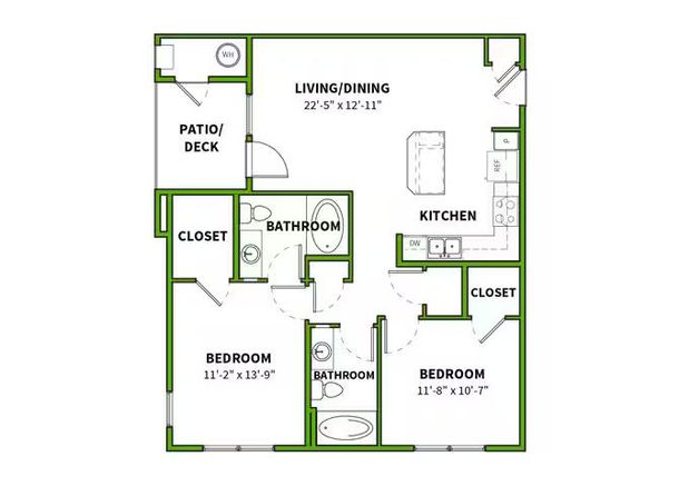 Floor plan of a two-bedroom apartment. Includes living/dining area, kitchen, two bathrooms, patio/deck, and closets.