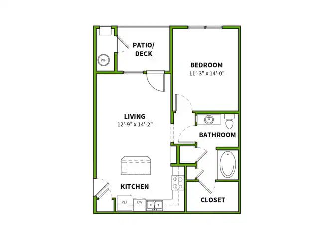 Floor plan of an apartment: living room, kitchen, bedroom, bathroom, closet, and patio/deck.