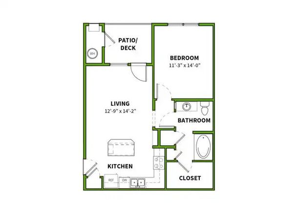 Floor plan of an apartment: living room, kitchen, bedroom, bathroom, closet, and patio/deck.