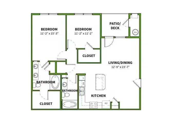 Floor plan of a two-bedroom apartment with a living/dining area, kitchen, and patio deck.