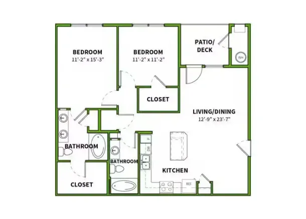 Floor plan of a two-bedroom apartment with a living/dining area, kitchen, and patio deck.