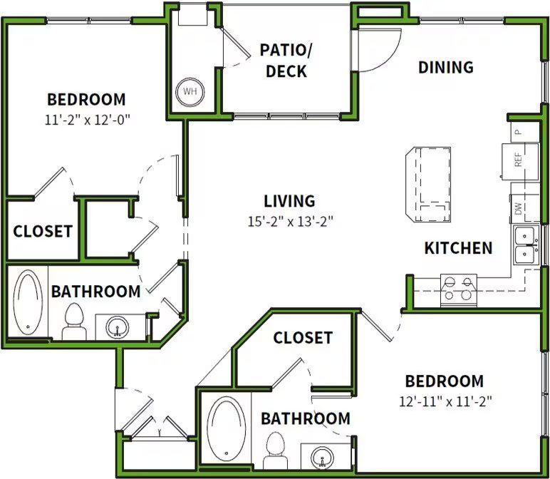 Floor plan of a two-bedroom apartment with a living area, kitchen, dining area, and patio/deck.