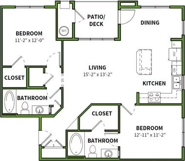 Floor plan of a two-bedroom apartment with a living area, kitchen, dining area, and patio/deck.
