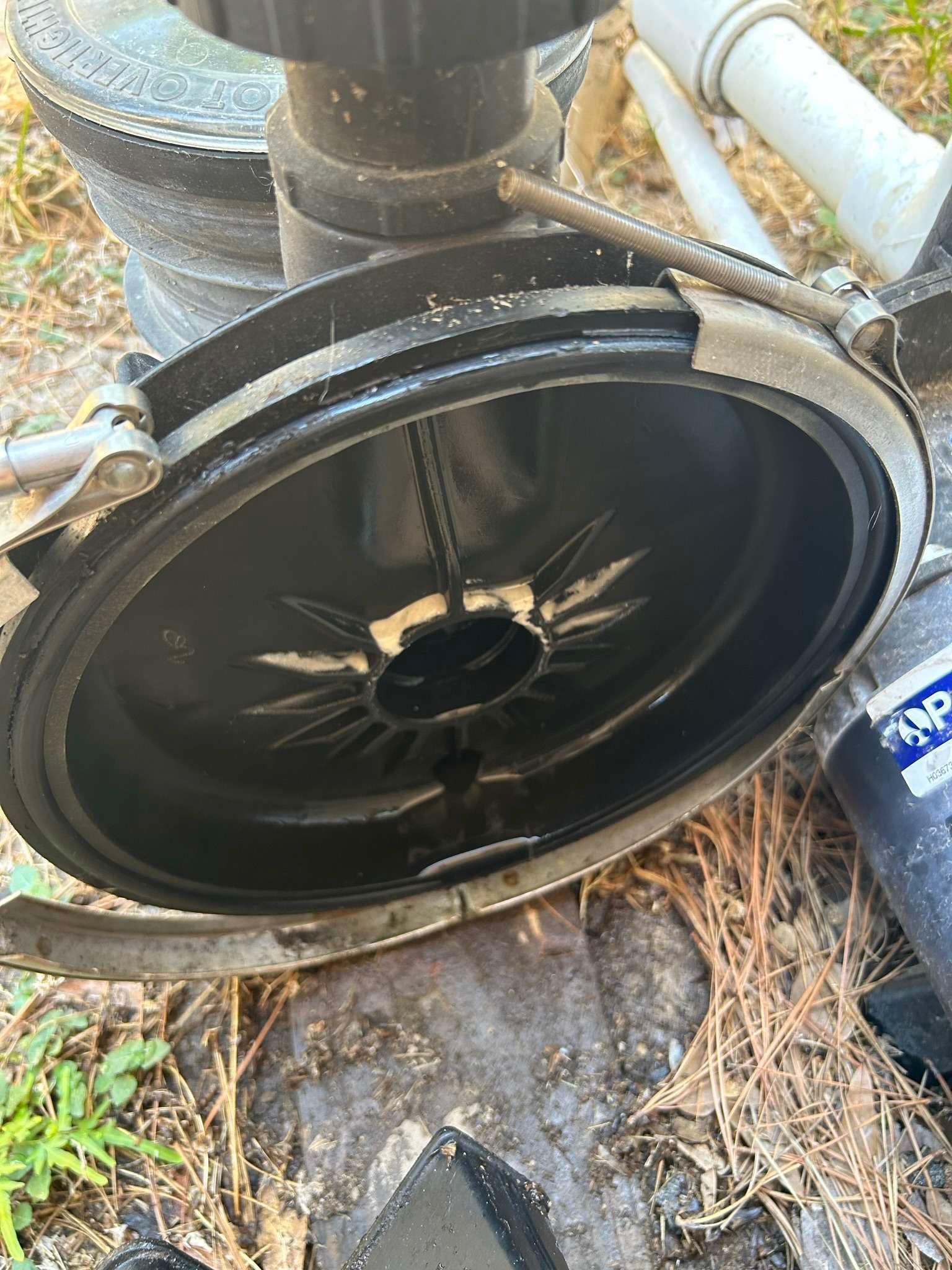 Black pool filter component with metal clamp.