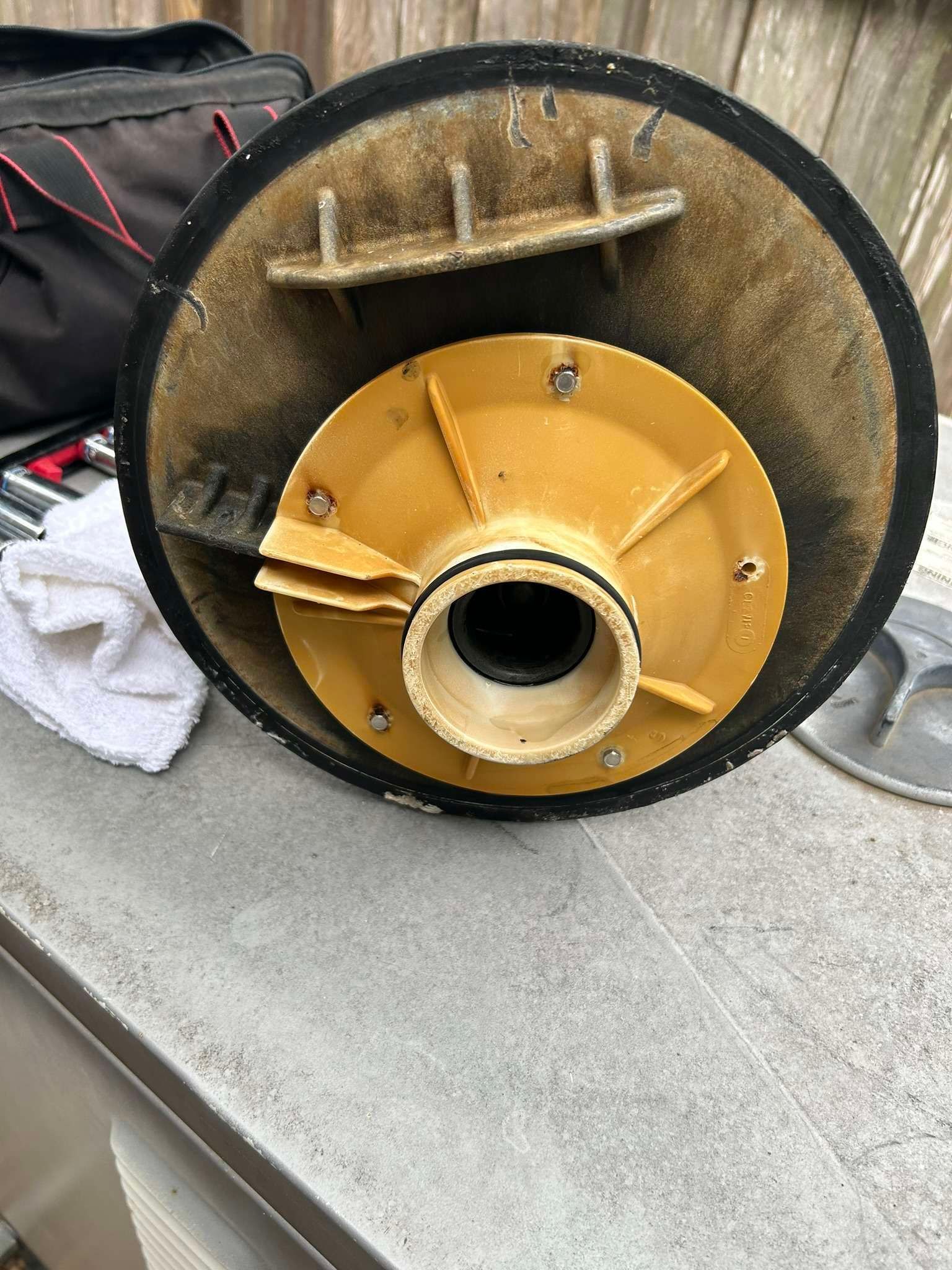 Yellow and black pool filter component, bottom view.