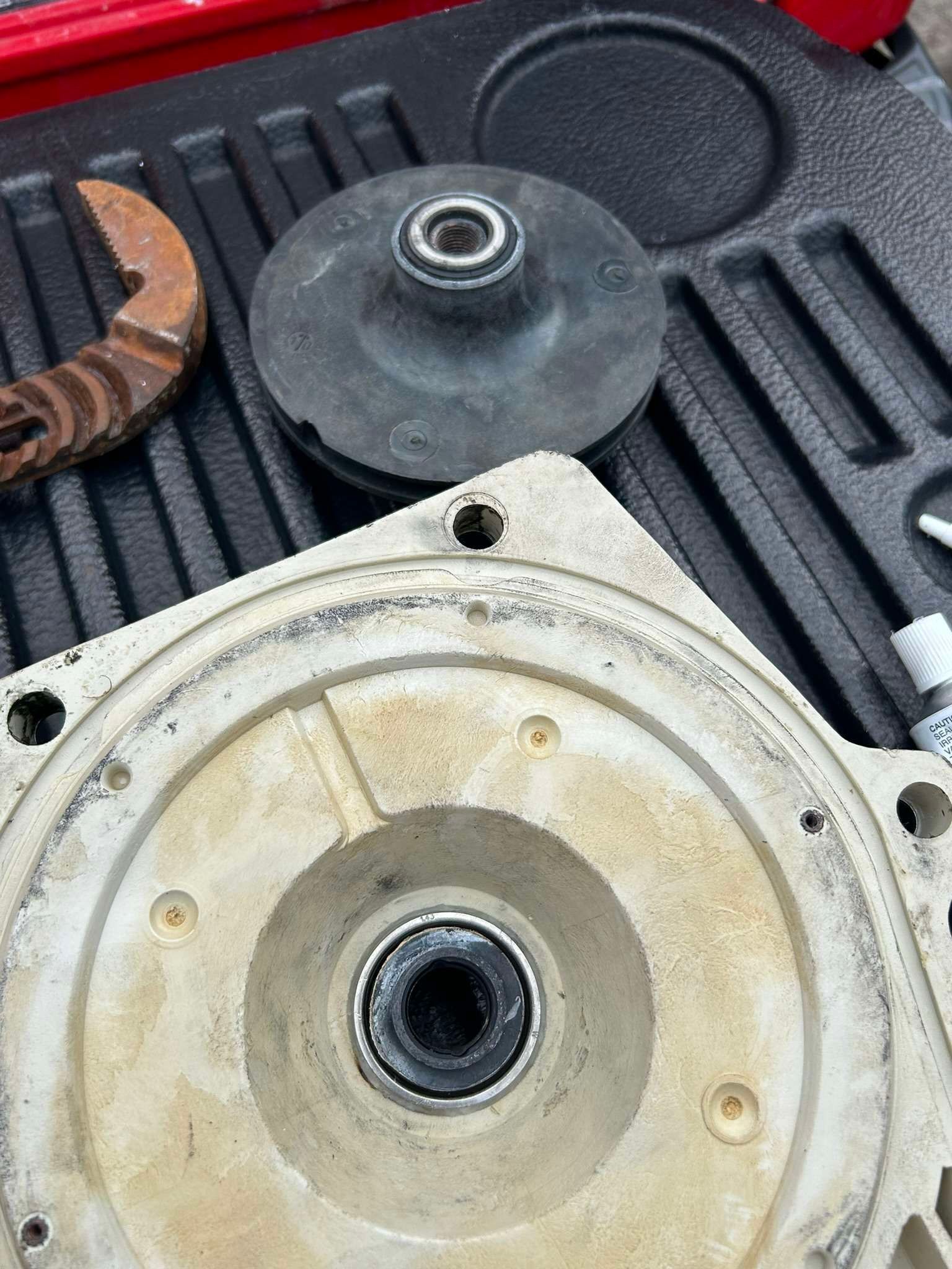 Pump parts: impeller, motor housing, and tool on a textured surface.