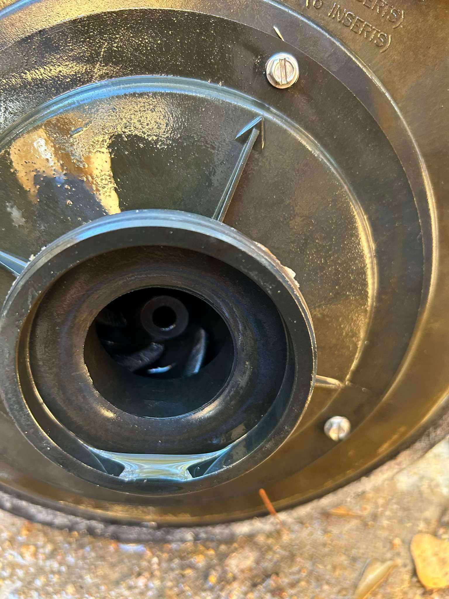 Black pump intake inside a circular housing, viewed from above, surrounded by debris.