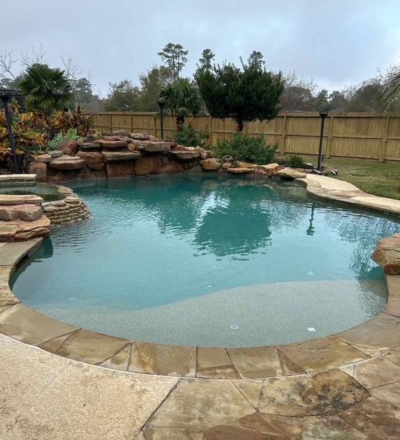 Dog standing on pool steps, looking towards a house with a pool and spa. Cloudy sky.