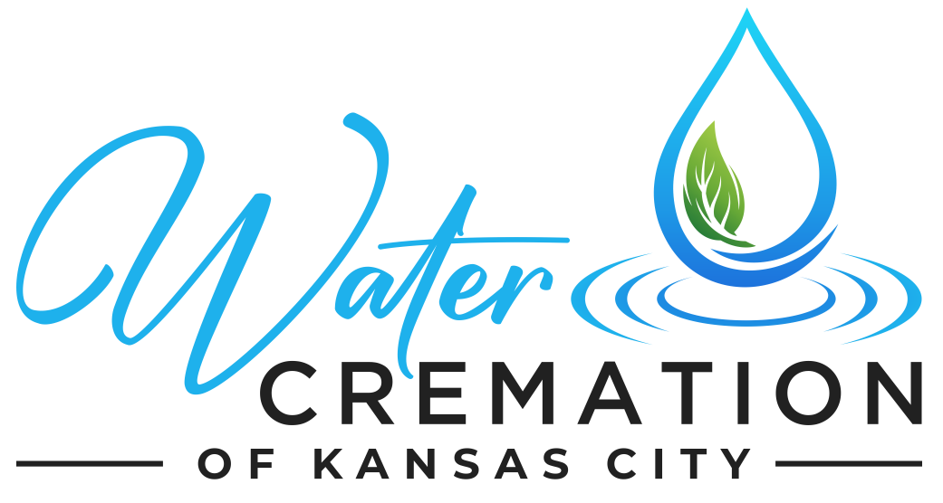 Logo for Water Cremation of Kansas City with blue water drop and green leaf icon
