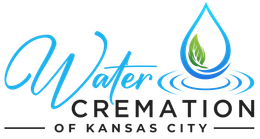 Logo for Water Cremation of Kansas City with blue water drop and green leaf icon