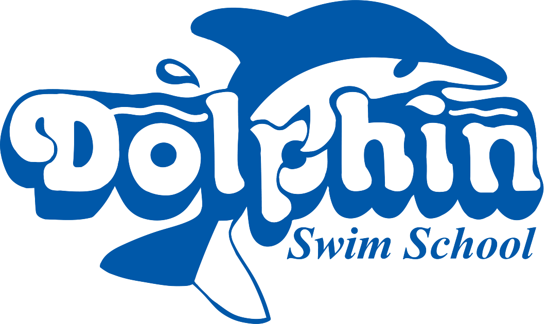 A blue and white logo for dolphin swim school