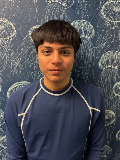 A young man in a blue shirt stands in front of a wall with jellyfish on it