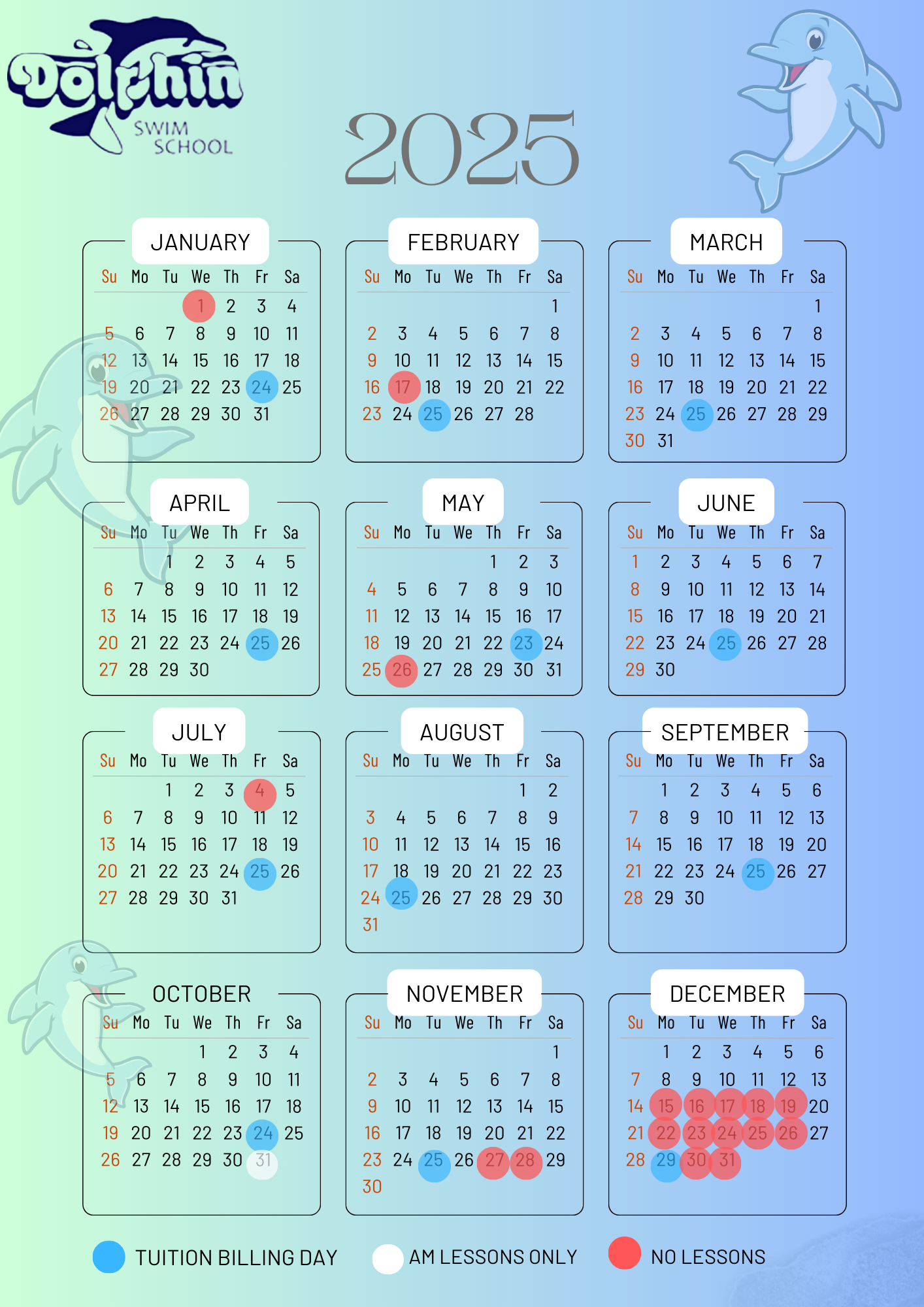 A calendar for the year 2025 with a dolphin on it
