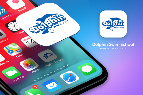 A phone with a dolphin swim school app on it