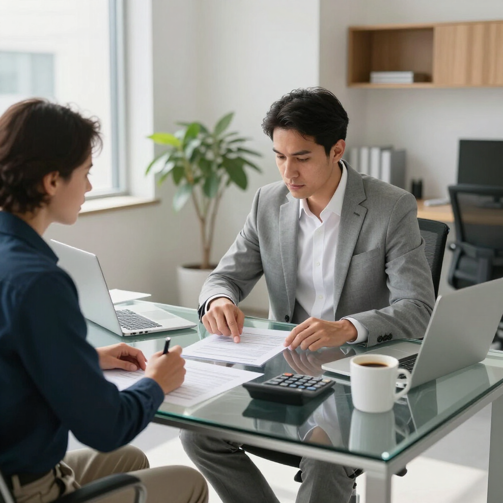 Dos personas están sentadas en un escritorio de cristal en una oficina, revisando documentos juntas.