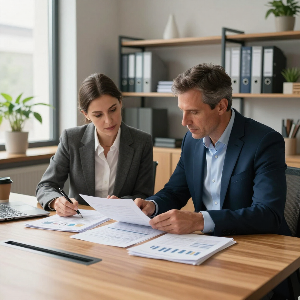 Dos profesionales vestidos de traje revisan documentos en un escritorio de madera en un entorno de oficina.