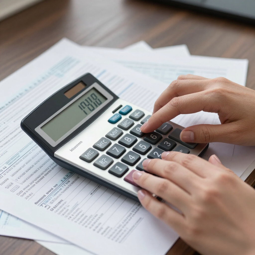 Manos usando una calculadora sobre papeles en un escritorio de madera.