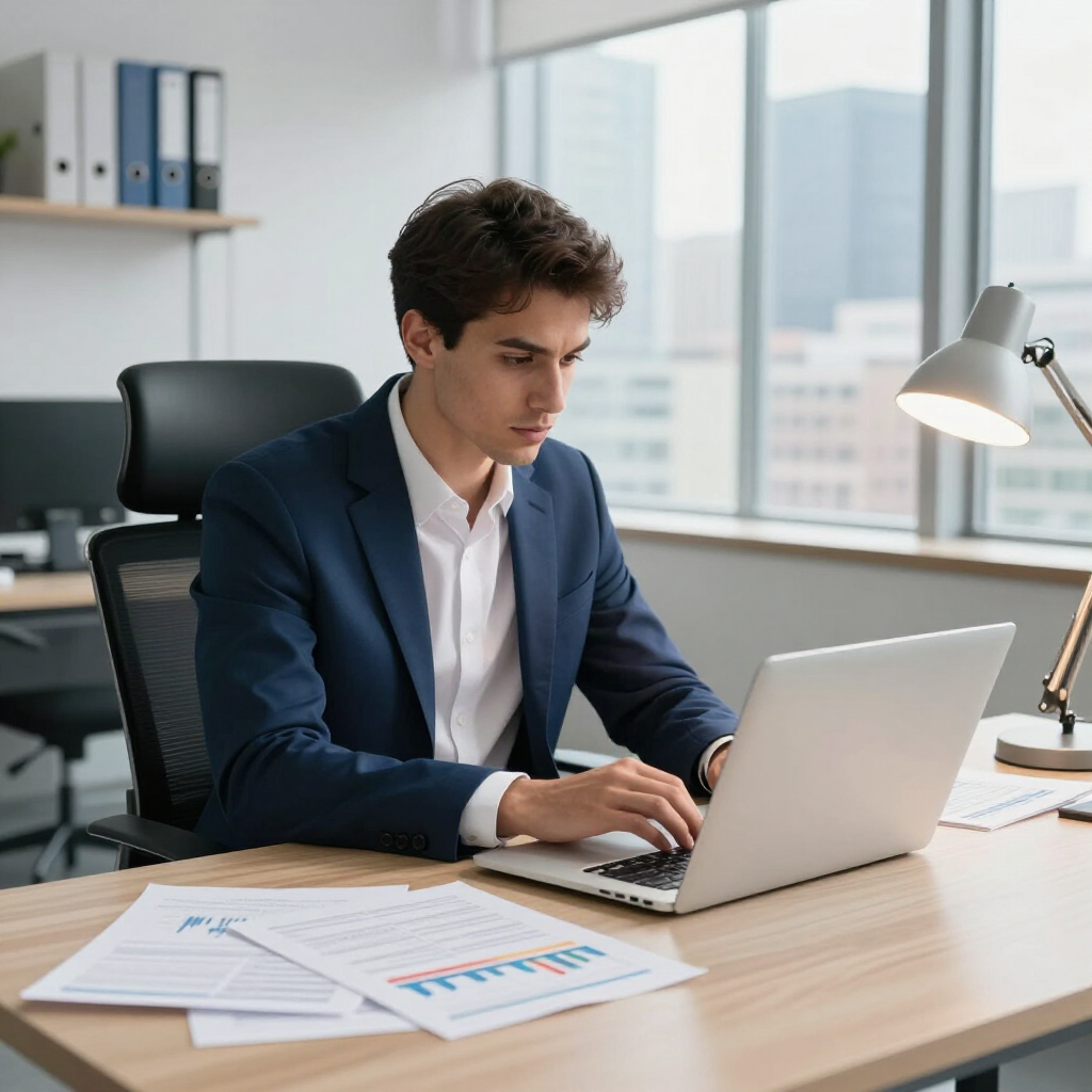 Un profesional concentrado, vestido con traje de negocios, trabaja en un escritorio con una computadora portátil 