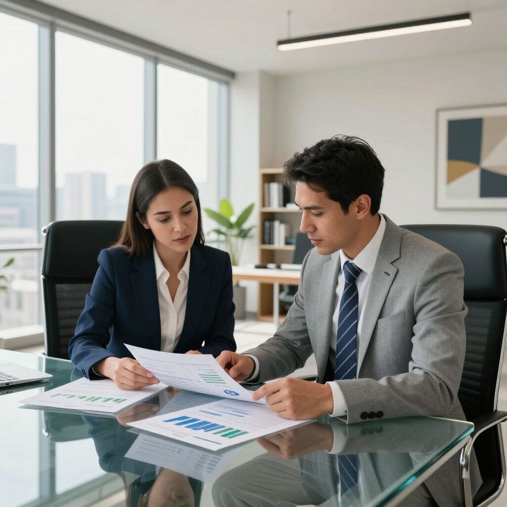 Dos profesionales de negocios, vestidos de manera formal, revisan documentos juntos en una mesa de cristal