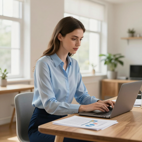 Una persona con una camisa azul claro trabaja en un ordenador portátil en un escritorio de madera 