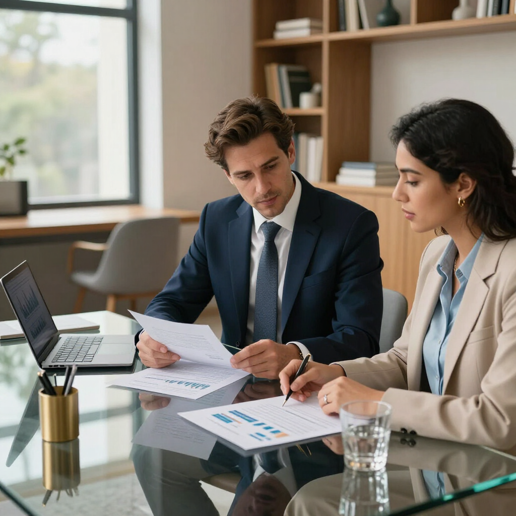 Dos profesionales vestidos de traje revisan juntos gráficos financieros en una oficina moderna y bien iluminada.