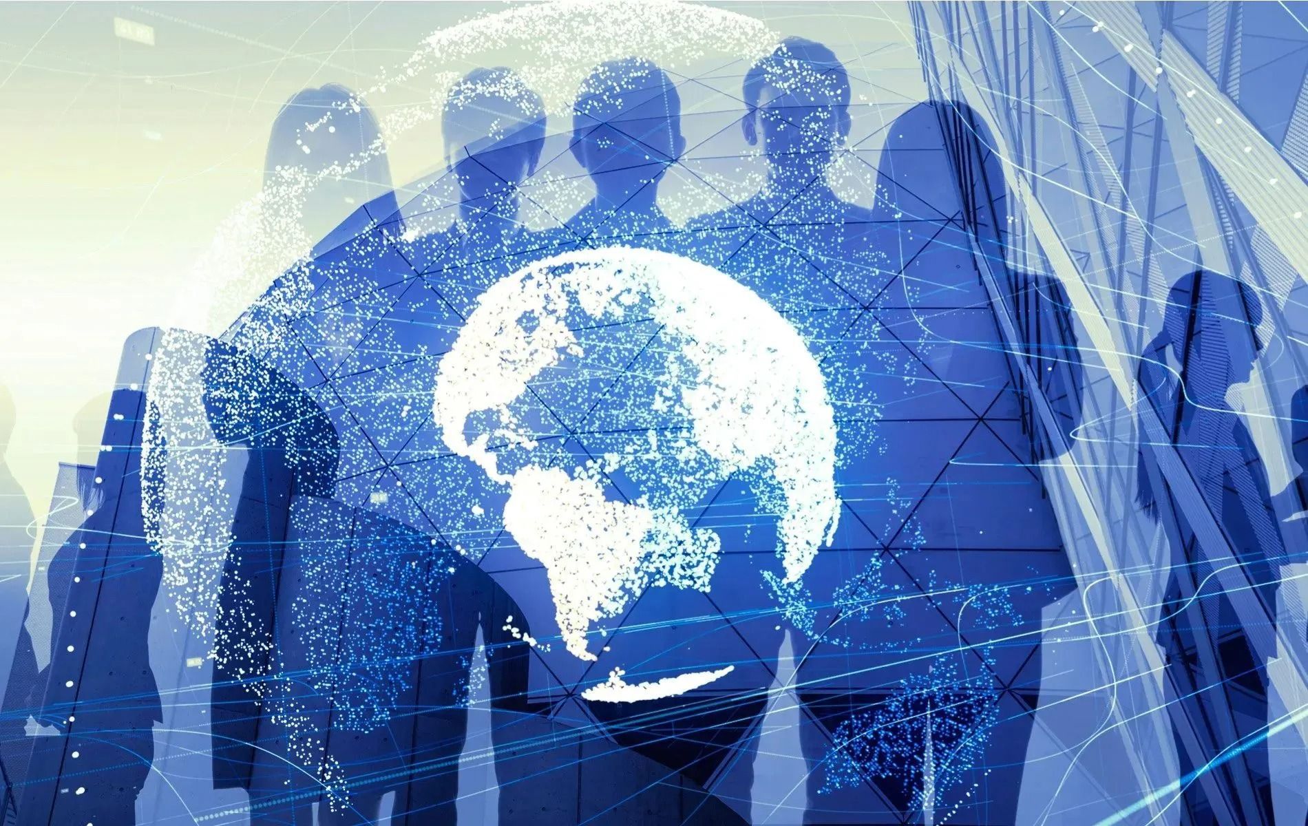 Una composición digital de siluetas profesionales superpuestas con un globo terráqueo azul brillante y líneas de red.