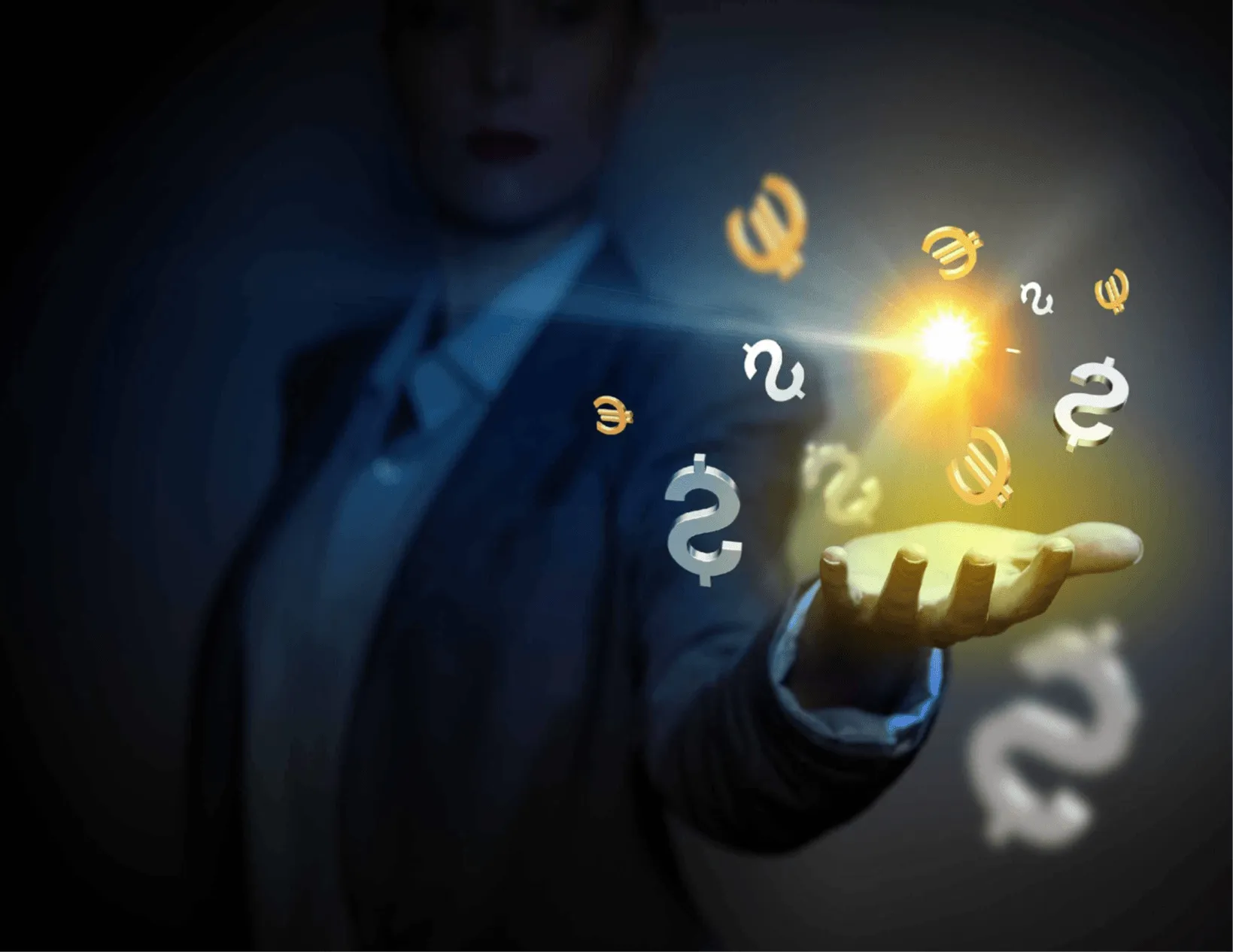 Un profesional extiende la mano, con símbolos luminosos de dólares y euros flotando sobre ella.