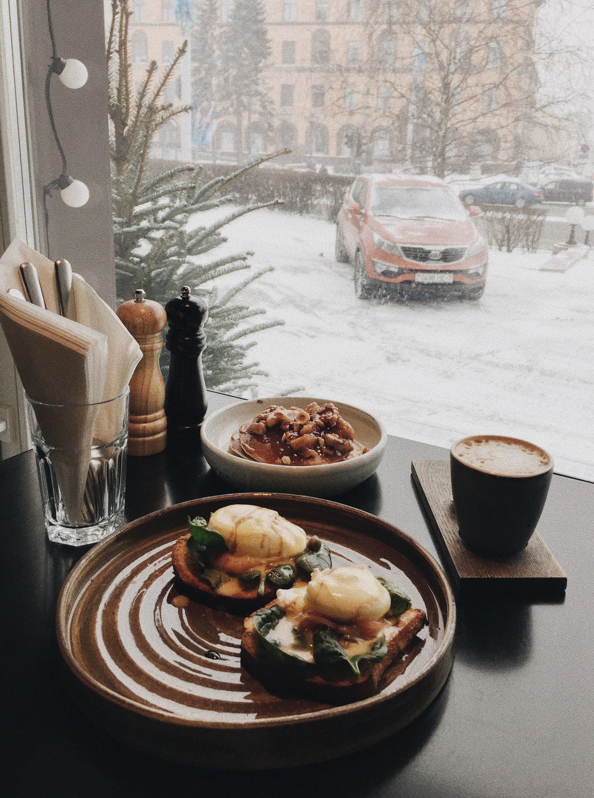 A wintery scene from a cafe window.