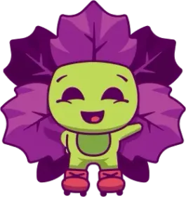 Smiling cartoon cabbage character waving, wearing red shoes. Purple leaves frame green face and body.
