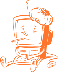 A cartoon drawing of a computer with a thermometer in its mouth