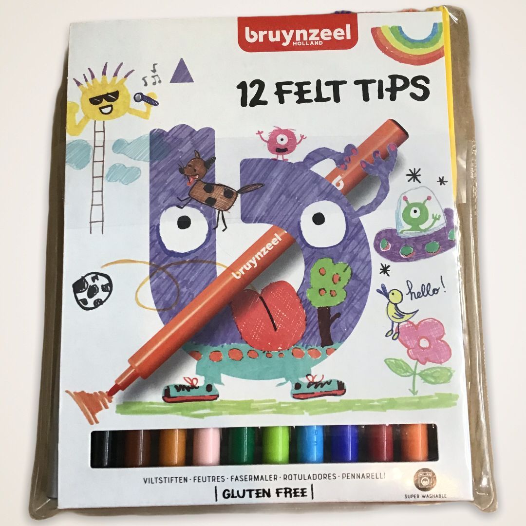 Een doosje bruynzeel viltstiften met een oranje stift