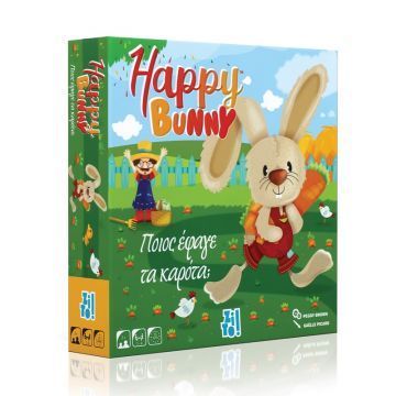 Een doos met een konijntje erop met de tekst happy bunny