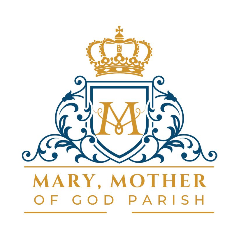 Logo for Mary, Mother of God Parish. Gold crown above a shield with a gold 