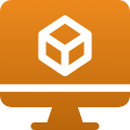 Orange computer monitor with a white 3D cube icon.