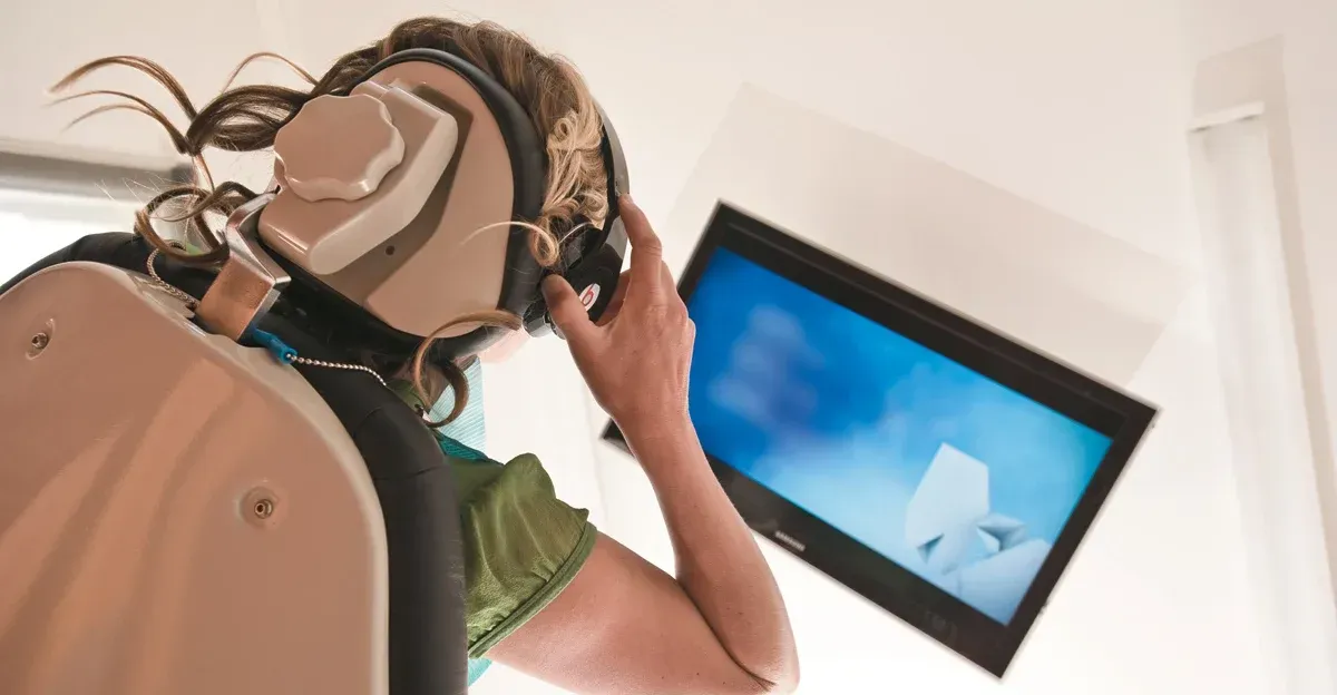 Woman wearing a futuristic helmet adjusts it while looking at a screen showing abstract blue shapes.