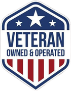 Blue and red shield logo reading “Veteran Owned & Operated” with stars and stripes design