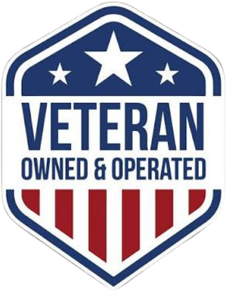 Blue and red shield logo reading “Veteran Owned & Operated” with stars and stripes design