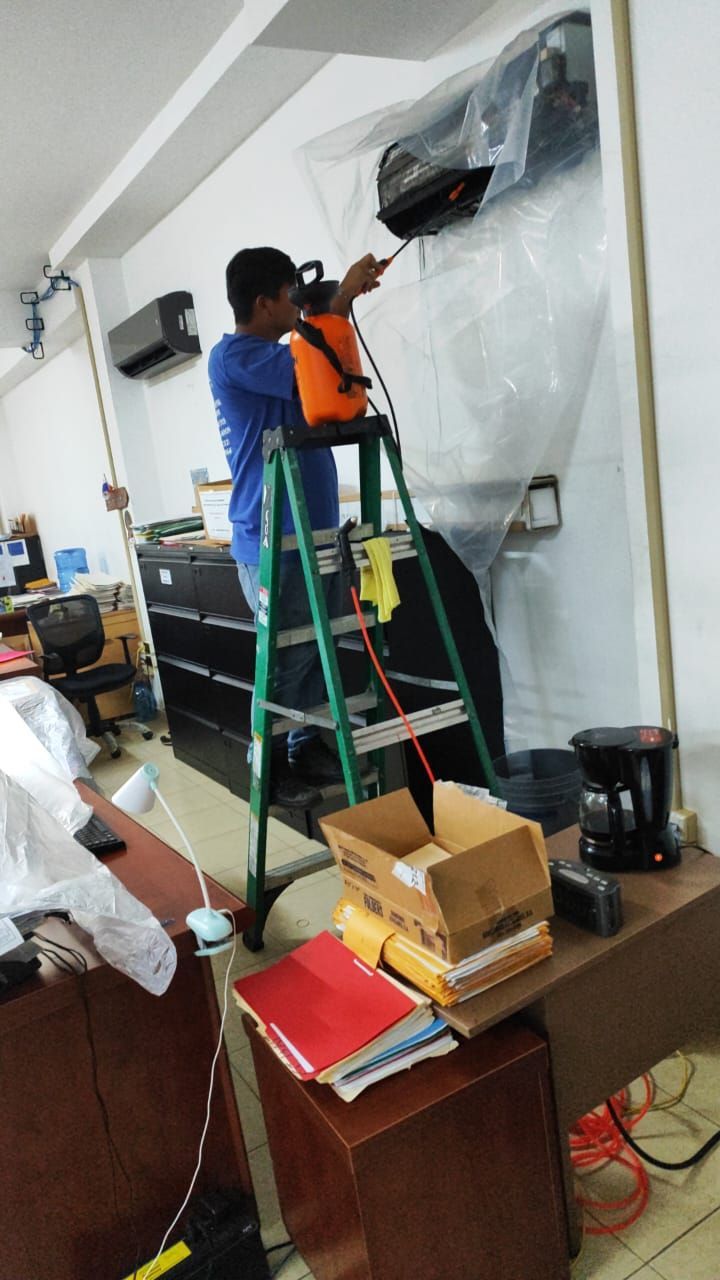 Un hombre está de pie en una escalera limpiando un aire acondicionado.